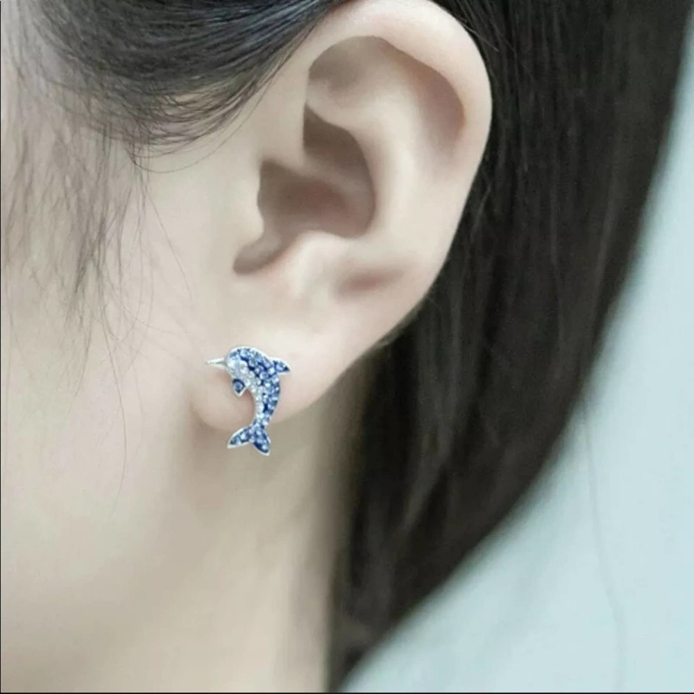 Dolphin crystal rhinestone silver earrings, New - Picture 4 of 14